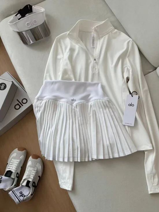 Alo Yoga Pure White Half-Zip Long-Sleeve Top + Pleated Mini Skirt Two-Piece Set - Picture 4 of 4